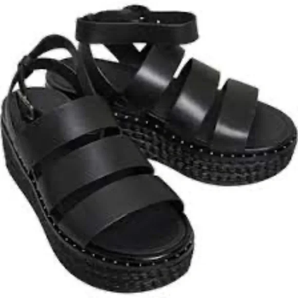 FitFlop Eloise Black Ankle Strap Open Toe Strappy Upper Espadrille Wedge Sandals - Picture 7 of 9